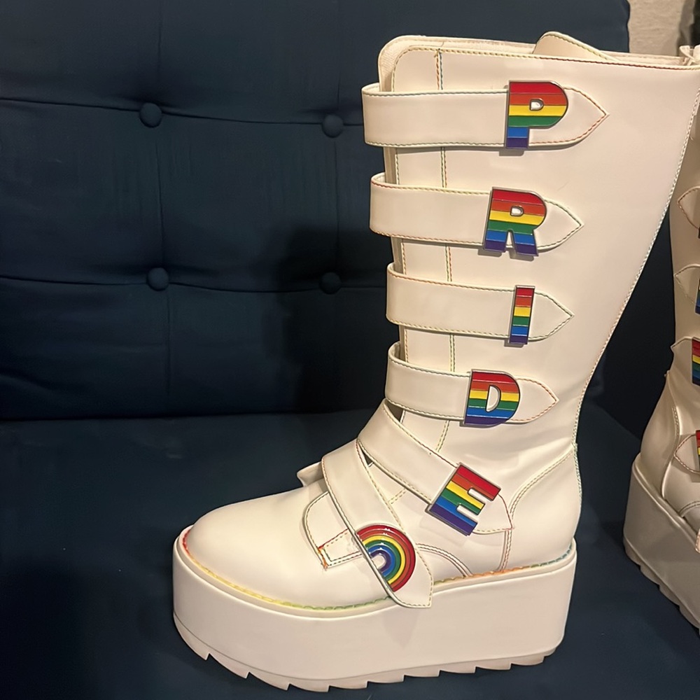 Y.R.U. Karma HI Pride White Platform Boots Rainbow Rave Size 8 - Picture 8 of 14